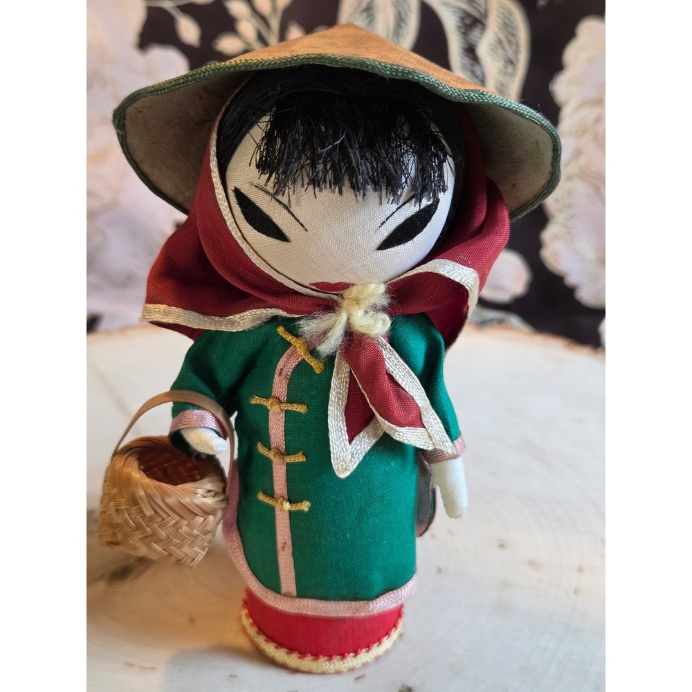 Vintage Asian Folk Art Doll Handmade Hand Painted Face Conical Hat Wicker Basket